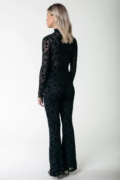 Leopard Flock Mesh Flare Pants | Black